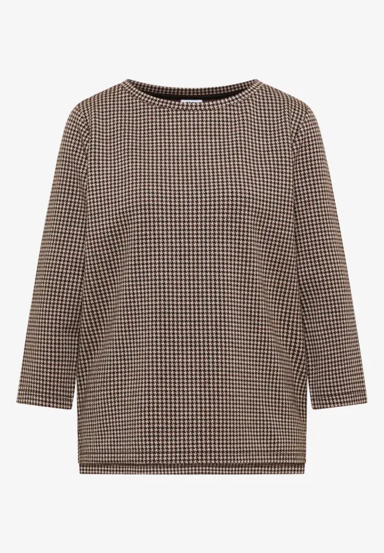 Top femme à manches longues, motif pied-de-poule beige et marron, col rond.