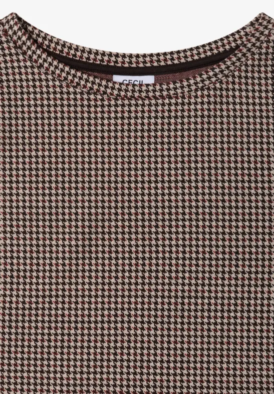 Haut sans manches femme à motif pied-de-poule beige et noir, col rond.