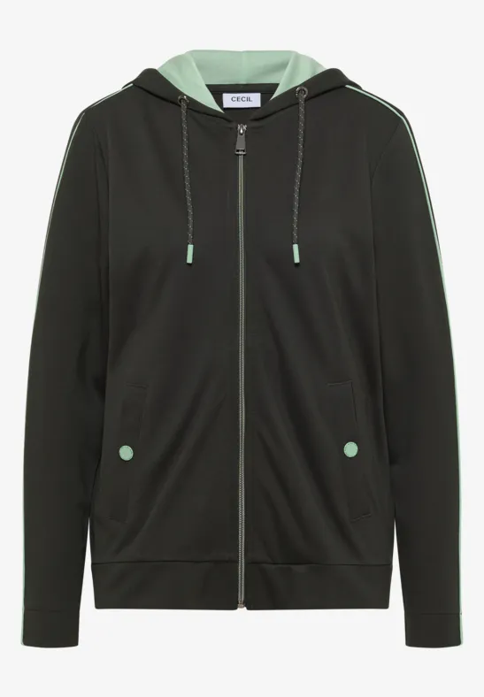 Schwarzer Hoodie mit Reißverschluss, mintgrüner Kapuzeninnenseite und passenden Taschenknöpfen.