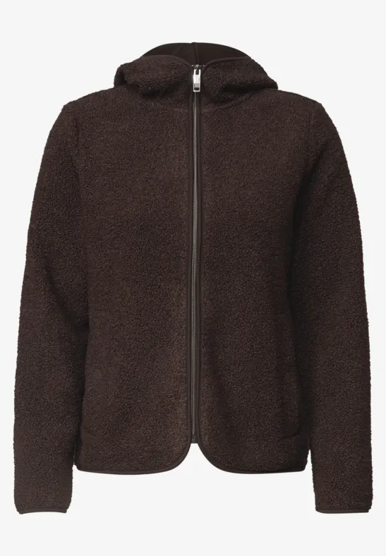 Dunkelbraune Teddy-Fleecejacke mit Kapuze und durchgehendem Reißverschluss.