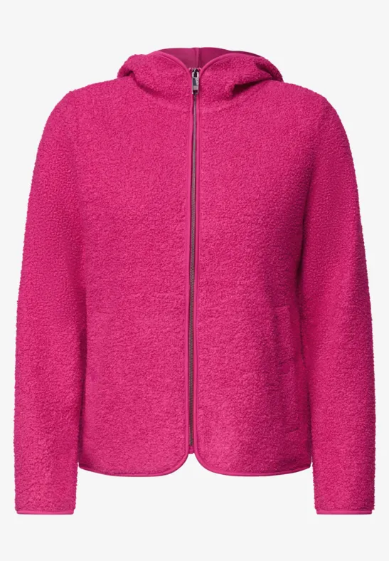 Leichte, pinke Fleece-Jacke mit Kapuze und durchgehendem Reißverschluss.