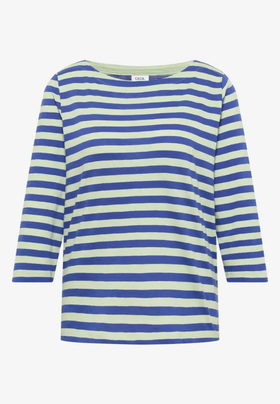 Haut femme rayé bleu et blanc, manches 3/4 et encolure large.