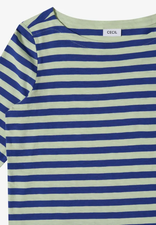 T-shirt à manches courtes rayé vert et bleu marine.