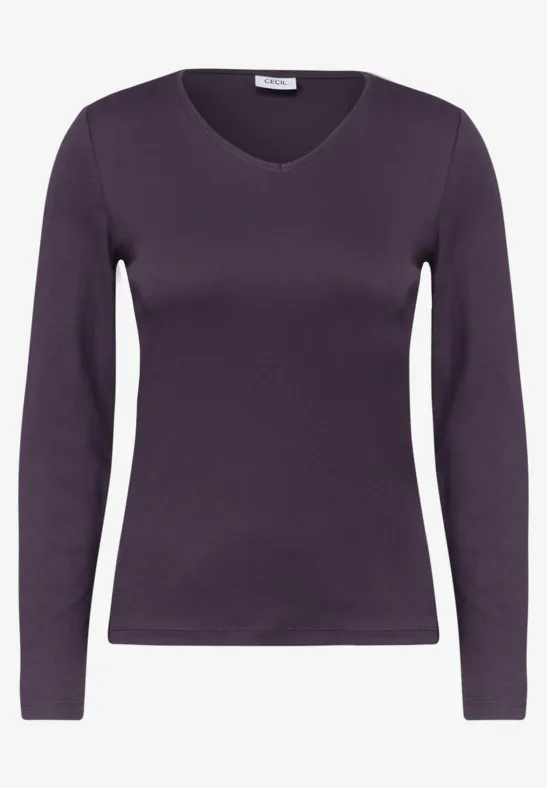 Un t-shirt femme violet à manches longues, col rond et coupe ajustée