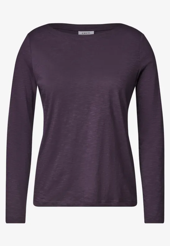 T-shirt femme à manches longues violet foncé, encolure ronde, style épuré.