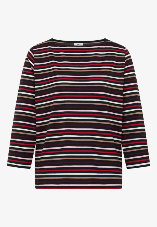 Schwarzes Shirt mit 3/4-Ärmeln und bunten horizontalen Streifen in Rot, Weiß und Grün.