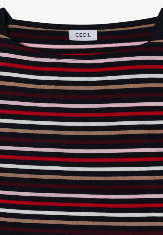 Gestreiftes Langarmshirt in Schwarz, Rot, Beige und Weiß mit Rundhalsausschnitt und Markenlabel