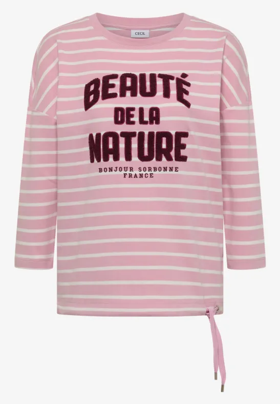 T-shirt rose et blanc à manches longues avec nœud latéral et inscription française