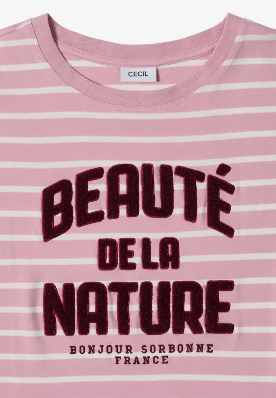 T-shirt rose à rayures blanches avec 'Beauté de la Nature' et petit 'Bonjour, Bordeaux, France'.