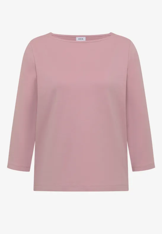 T-shirt à manches longues rose poudré pour femme, col bateau et coupe droite.