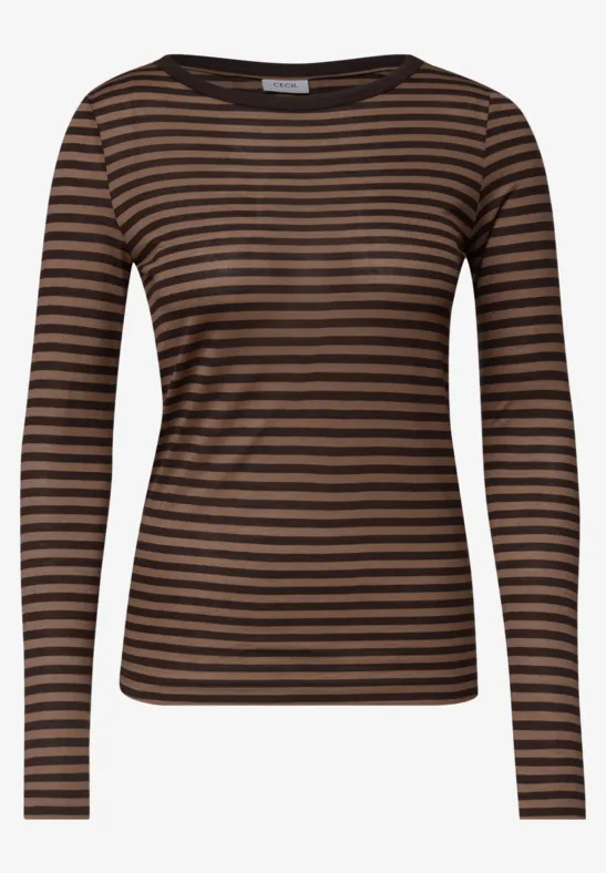 T-shirt à manches longues cintré à rayures marron et noires.