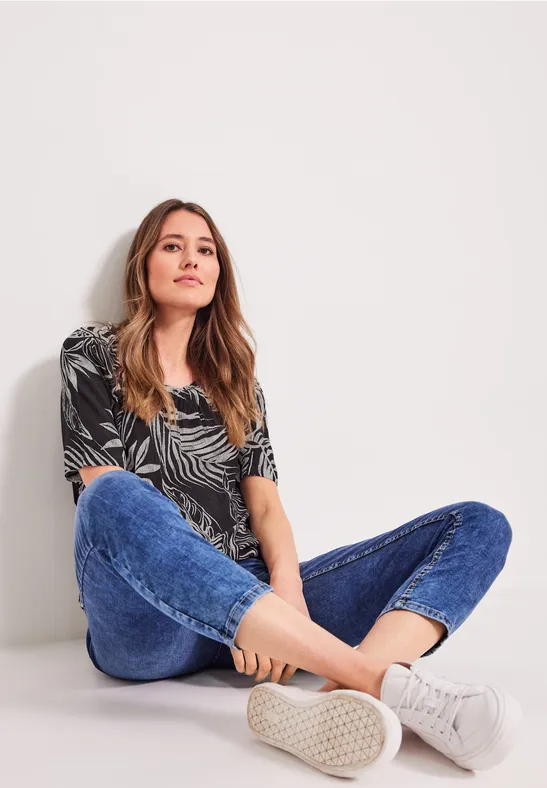 Bluse mit Blätterprint carbon grey