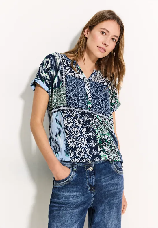 Patchwork Print Bluse dark petrol blue