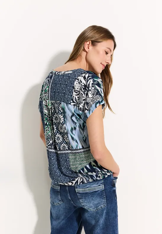 Patchwork Print Bluse dark petrol blue