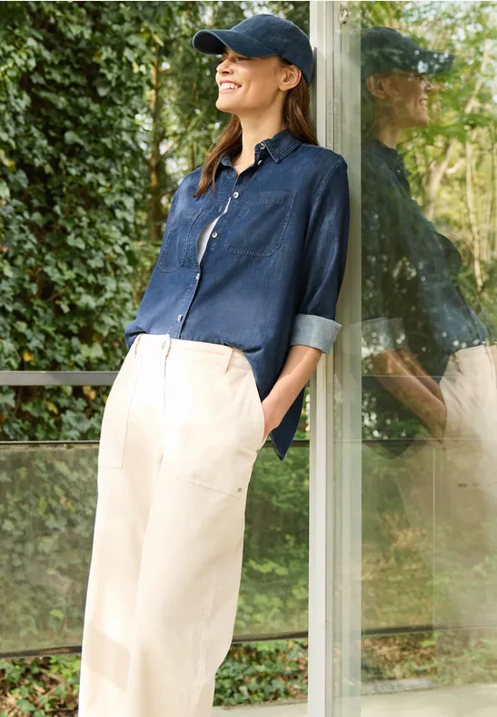 Denim Look Baumwollhemdbluse mid blue wash
