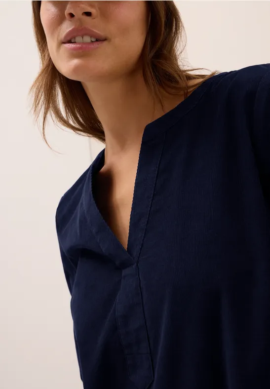 Split Neck Cordbluse urban dark blue