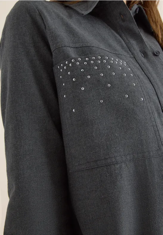 Flanellbluse mit Nieten deep grey melange