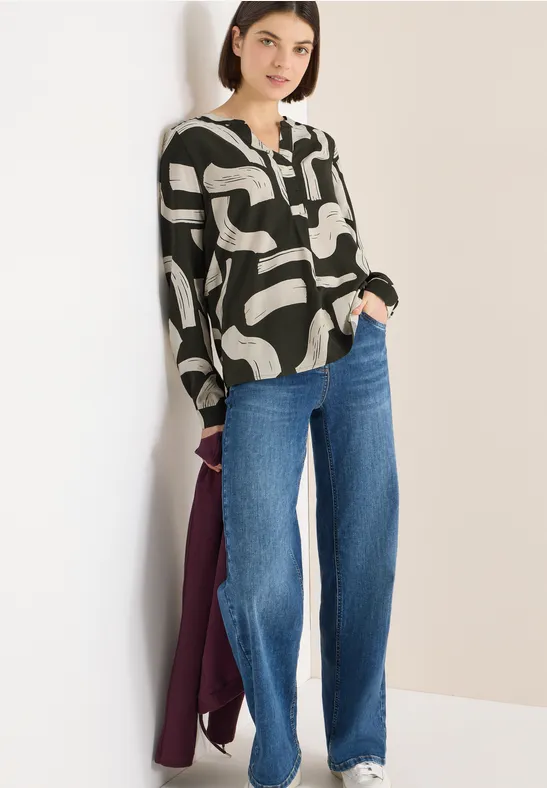 Blouse à col fendu à motifs raw khaki