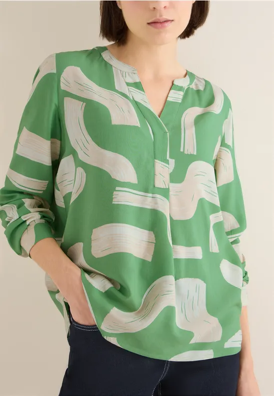 Gemusterte Split Neck Bluse dark bamboo green