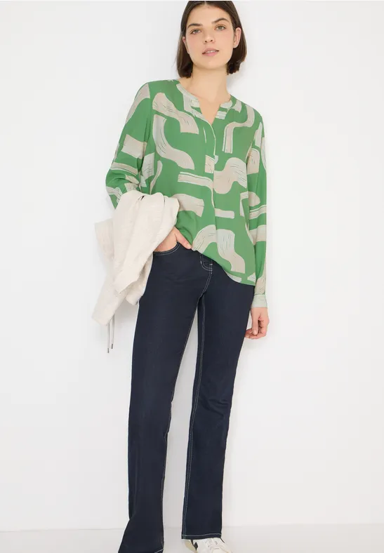 Gemusterte Split Neck Bluse dark bamboo green