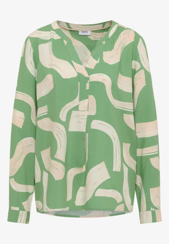 Gemusterte Split Neck Bluse dark bamboo green