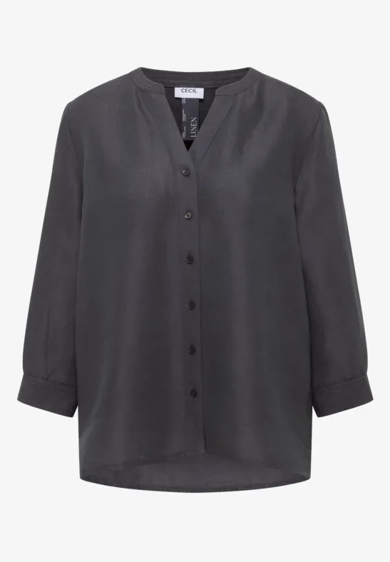 Graue, langärmlige Bluse mit V-Ausschnitt, Knopfleiste und lockerem, leicht abgerundetem Saum