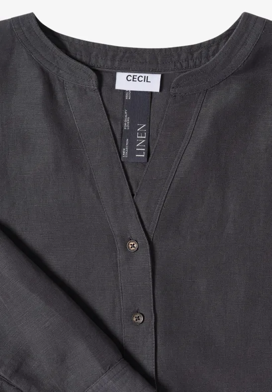 Graues Leinen-Top mit Knopfleiste, V-Ausschnitt und CECIL-Label.