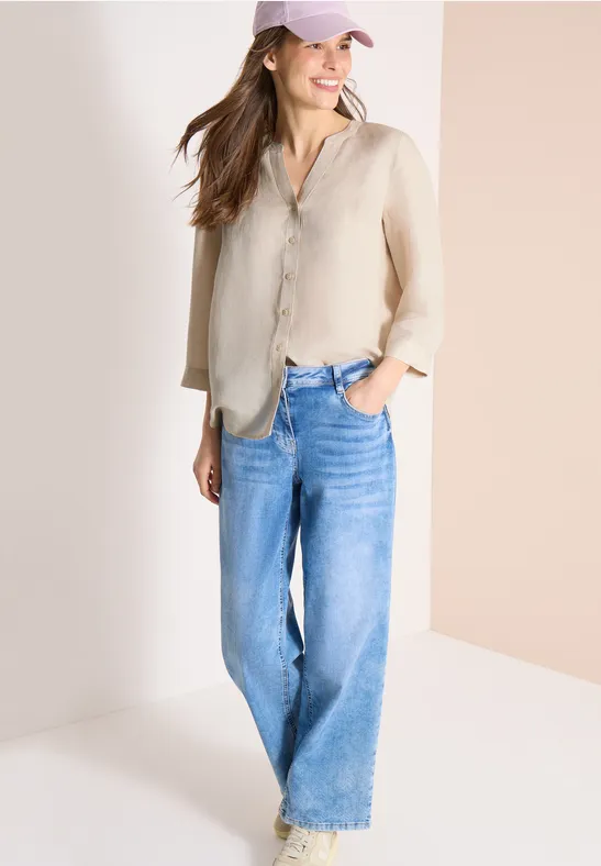Bluse mit Split Neck aus Leinenmix macadamia beige
