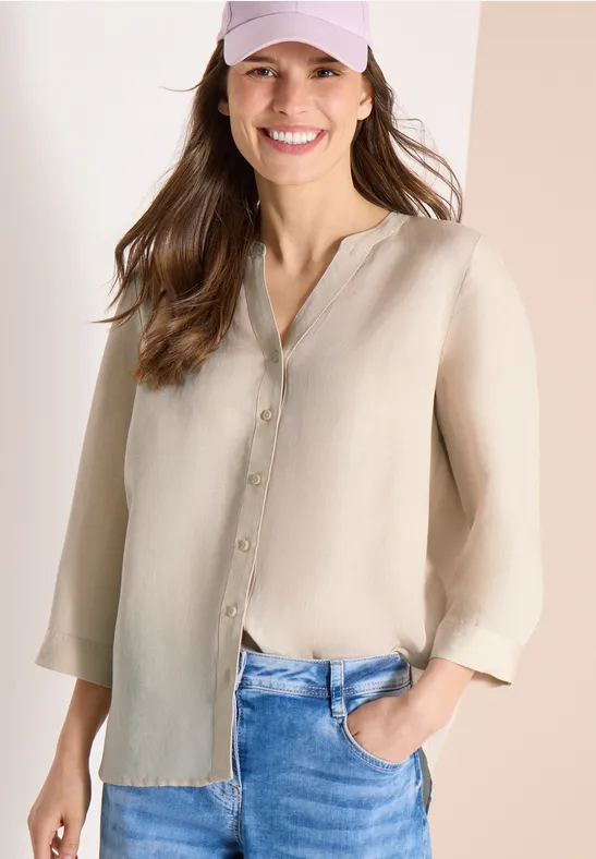 Bluse mit Split Neck aus Leinenmix macadamia beige