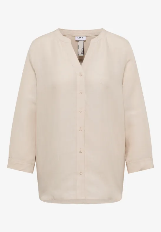 Bluse mit Split Neck aus Leinenmix macadamia beige