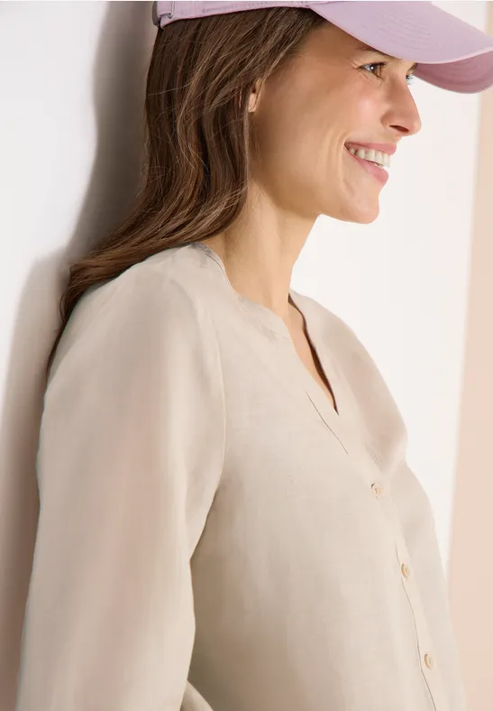 Bluse mit Split Neck aus Leinenmix macadamia beige