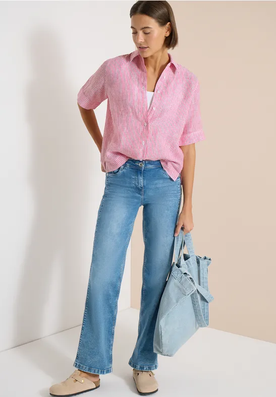 Kurzarm Bluse aus reinem Leinen fresh red