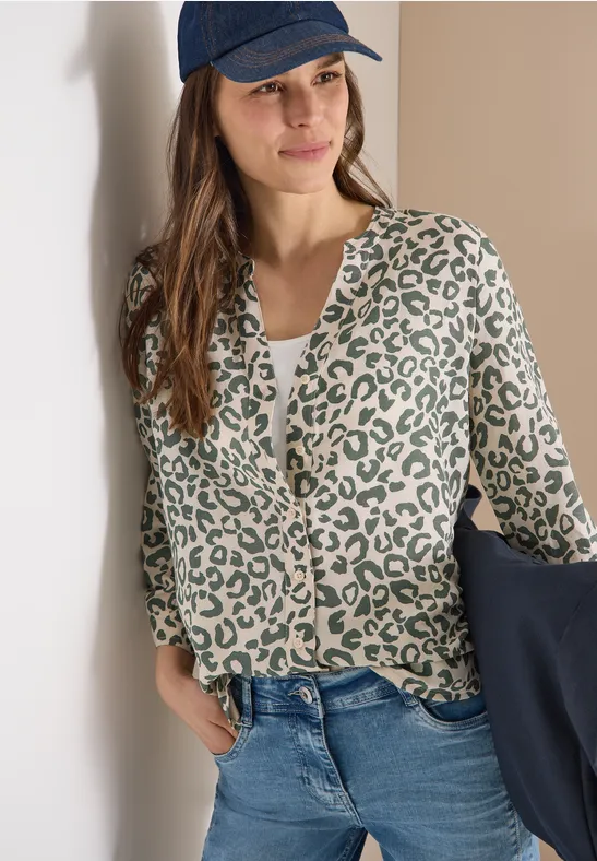Bluse mit Leo-Muster aus Leinenmix macadamia beige