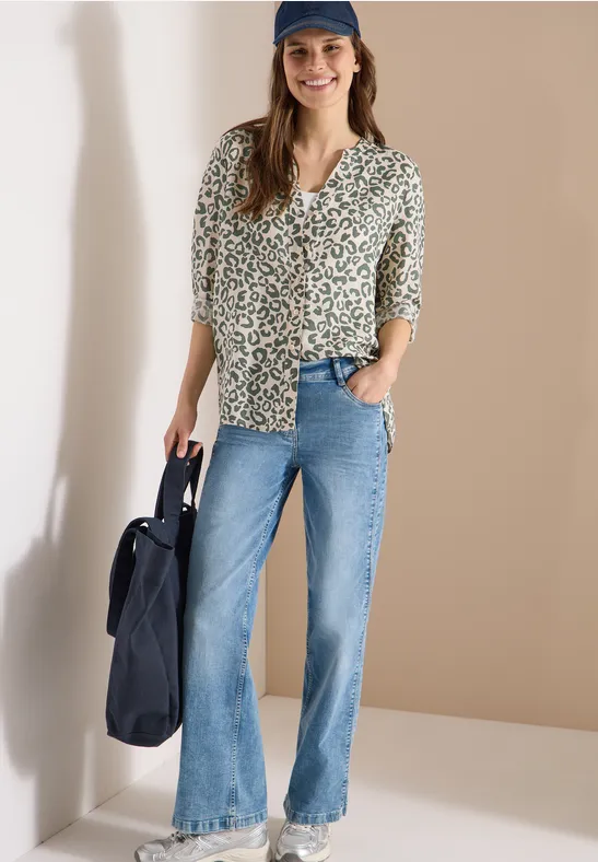 Bluse mit Leo-Muster aus Leinenmix macadamia beige