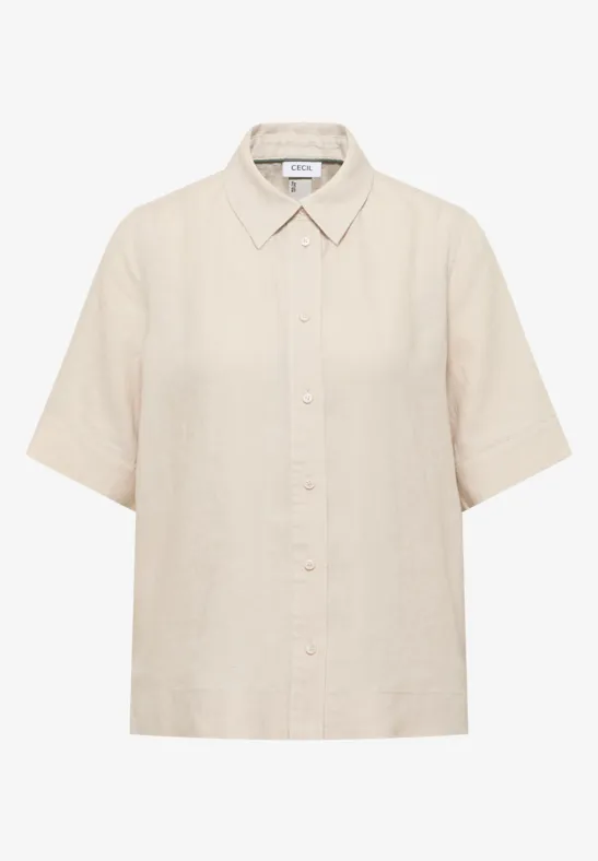 Beige Kurzarm-Bluse mit Kragen und Knopfleiste, gerade geschnitten aus leichtem Leinenstoff.