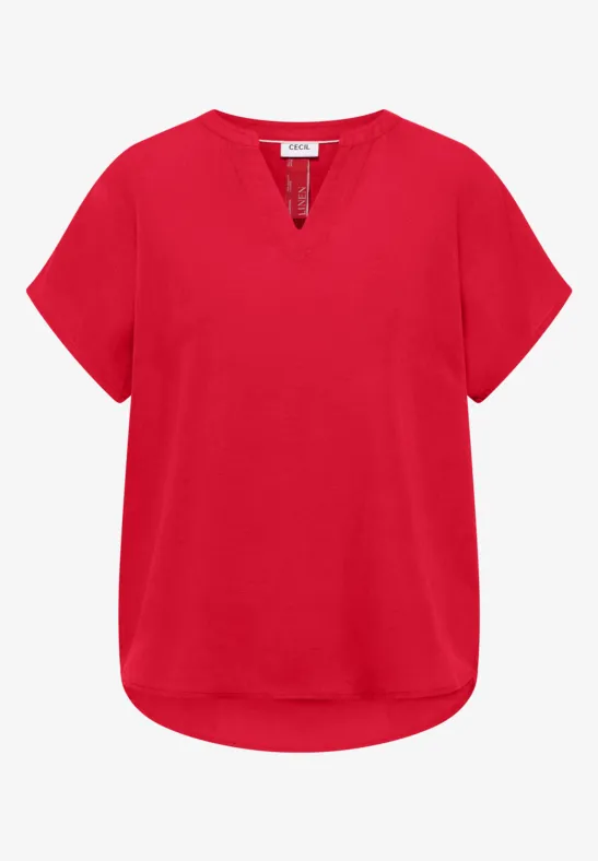 Rotes, kurzärmeliges Damen-T-Shirt mit V-Ausschnitt und abgerundetem Saum.
