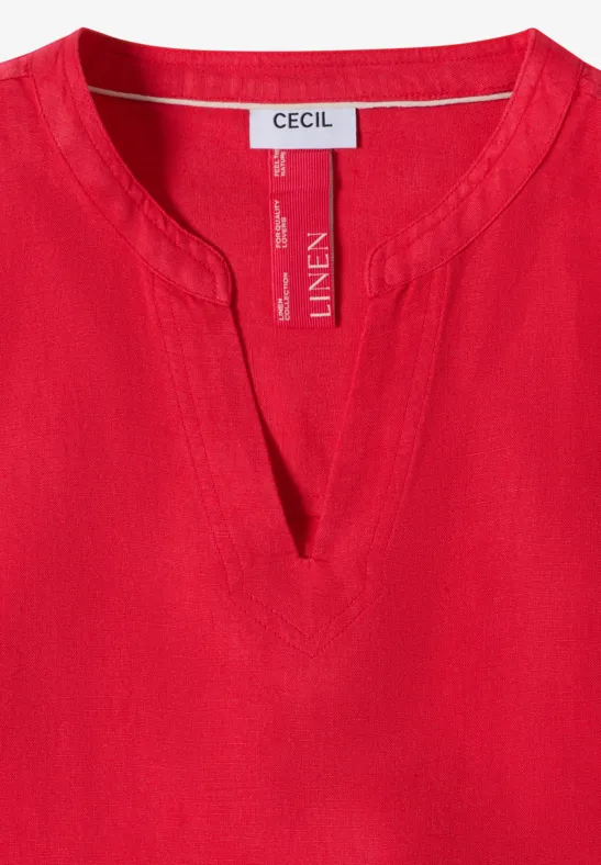 Rotes Leinen-Shirt mit V-Ausschnitt und weißem Markenlabel 'CECIL' im Nackenbereich.