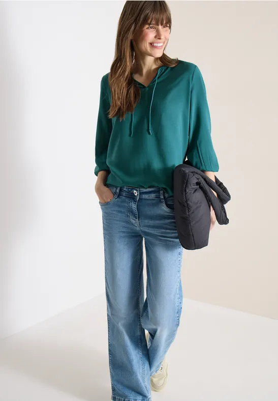 3/4-Arm Bluse mit Split Neck und Bändern jungle green