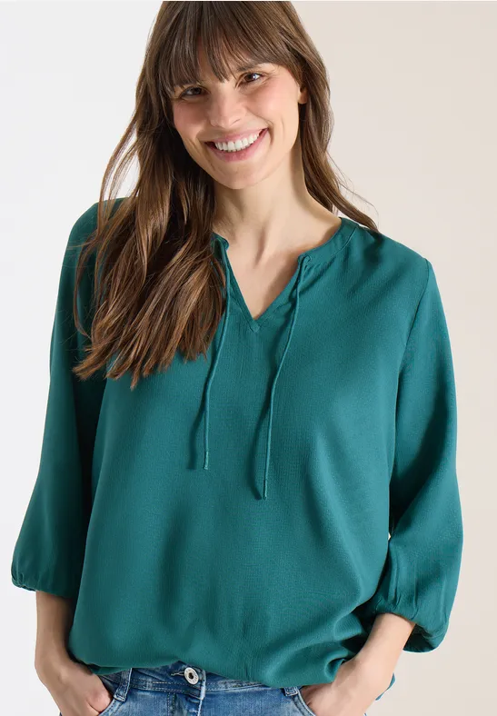 3/4-Arm Bluse mit Split Neck und Bändern jungle green