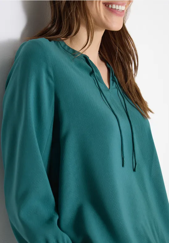 3/4-Arm Bluse mit Split Neck und Bändern jungle green