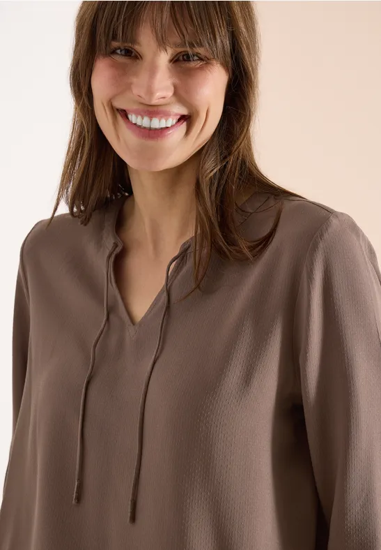 3/4-Arm Bluse mit Split Neck und Bändern urban taupe