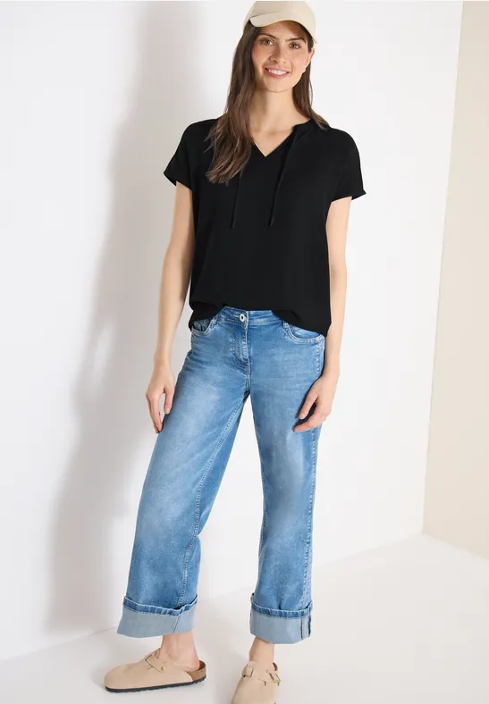 Kurzarm Bluse mit Strukturmix Black