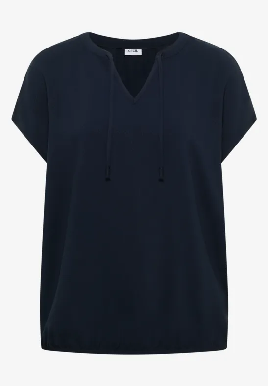 Dunkelblaue Bluse mit kurzem Ärmel, V-Ausschnitt und Kordelzug in lockerer Passform.