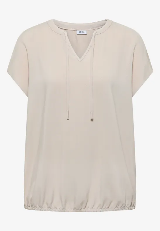 Beige Bluse mit kurzen Ärmeln, V-Ausschnitt mit Kordelzug und elastischem Bund