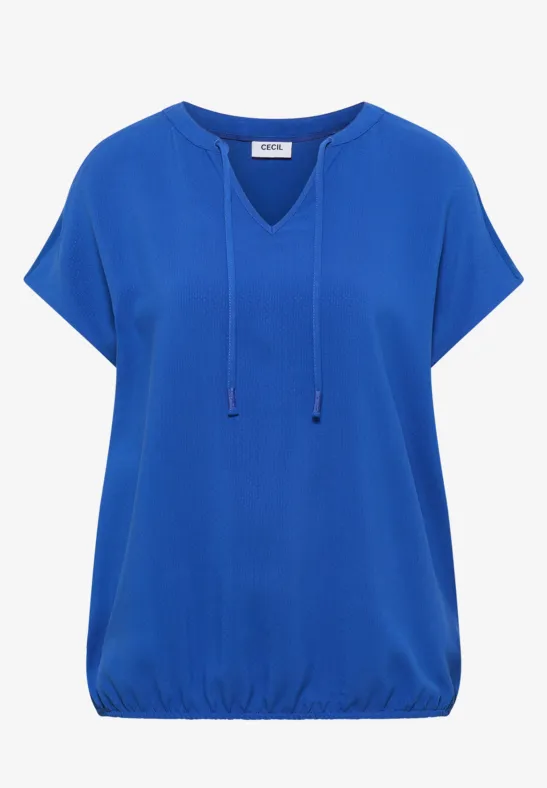 Blaues Damen-T-Shirt mit V-Ausschnitt, kurzen Ärmeln, Kordeln am Hals und elastischem Saum