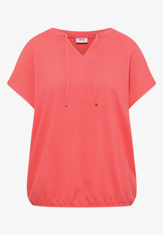 Korallfarbenes Shirt mit Kapuze, kurzen Ärmeln und Gummizug am Saum