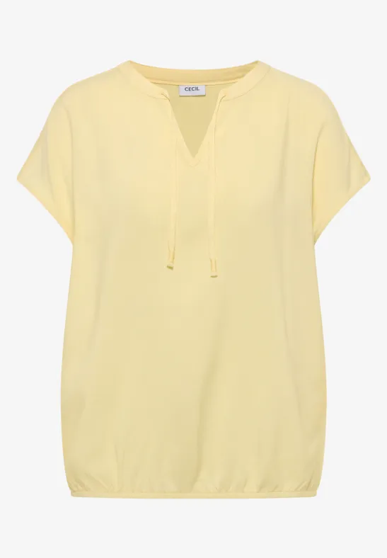 Helles gelbes Damen-Oberteil mit kurzen Ärmeln, V-Ausschnitt und elastischem Bund