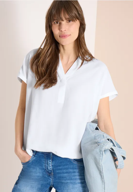 Kurzarm Bluse mit Split Neck White