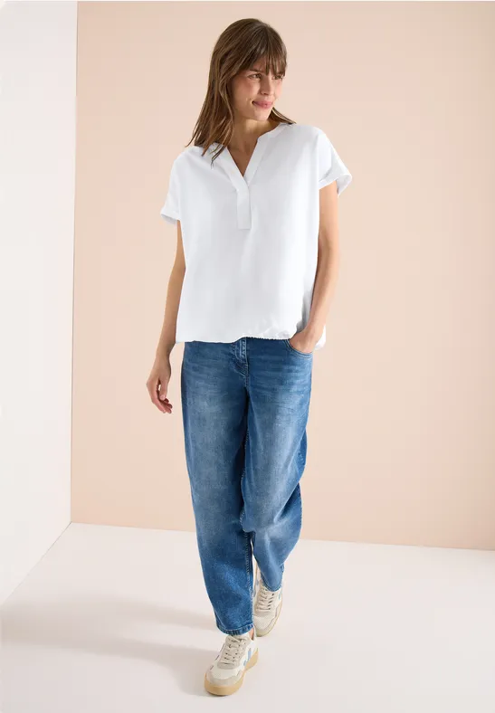 Kurzarm Bluse mit Split Neck White