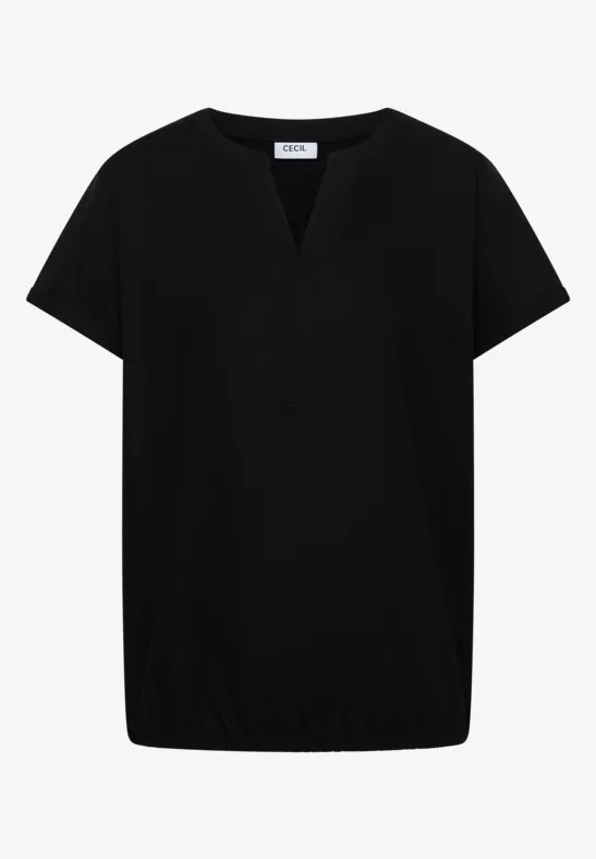 Schlichte schwarze Kurzarm-Bluse mit V-Ausschnitt und elastischem Saum.